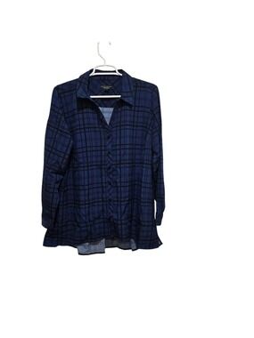 Susan Graver Weekend MP Blue Plaid Tunic Blouse Button Front Shirt
